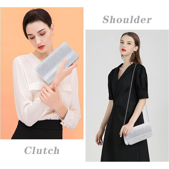 🆕Elegant Evening Clutch Purse for Women Silver Satin with Chain Strap for Party - Picture 2 of 7